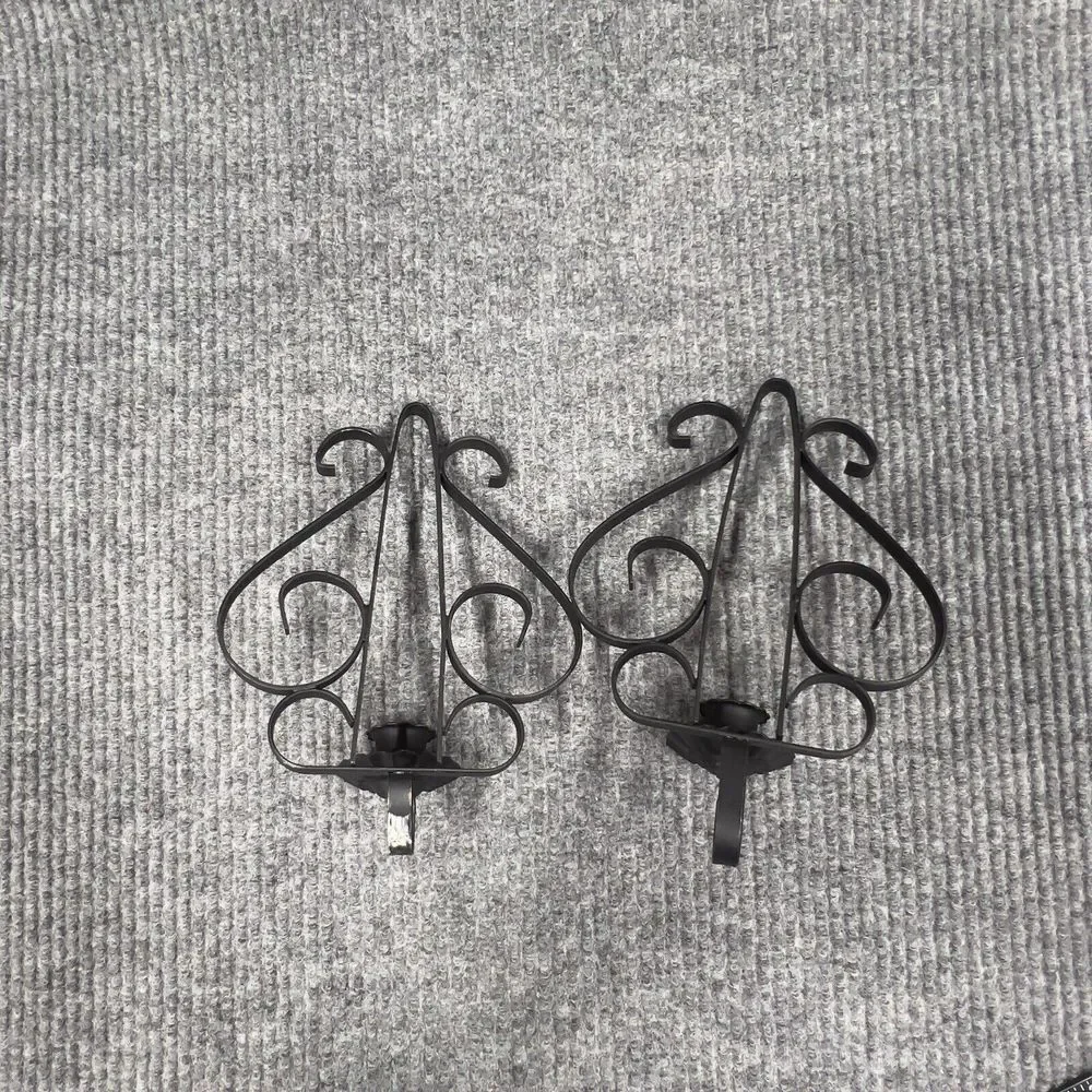 Vintage MCM Spanish Gothic‎ Wall Hanging Black Wrought Iron Candle Holder Set